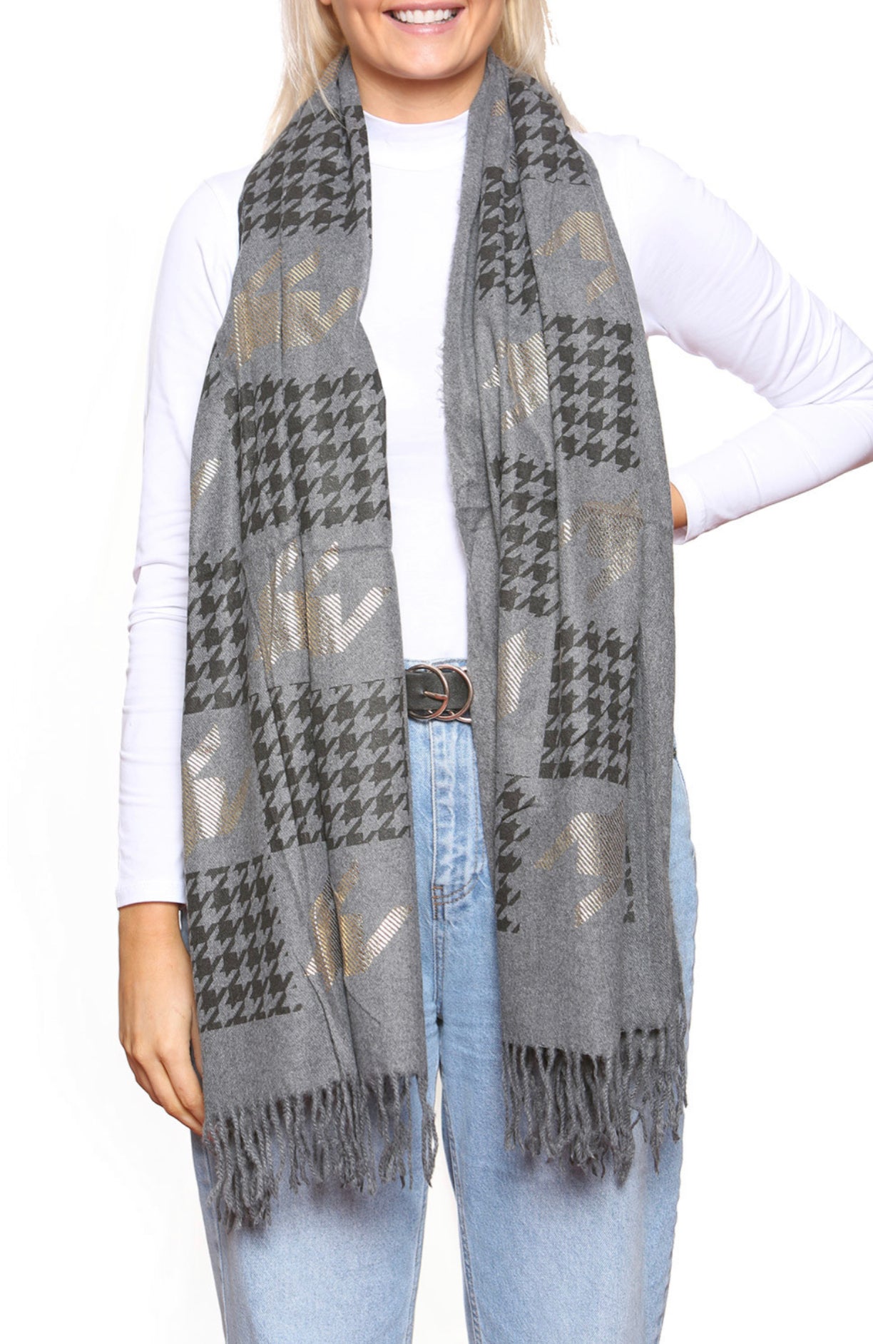 GREY Metallic Houndstooth Knitted Shawl