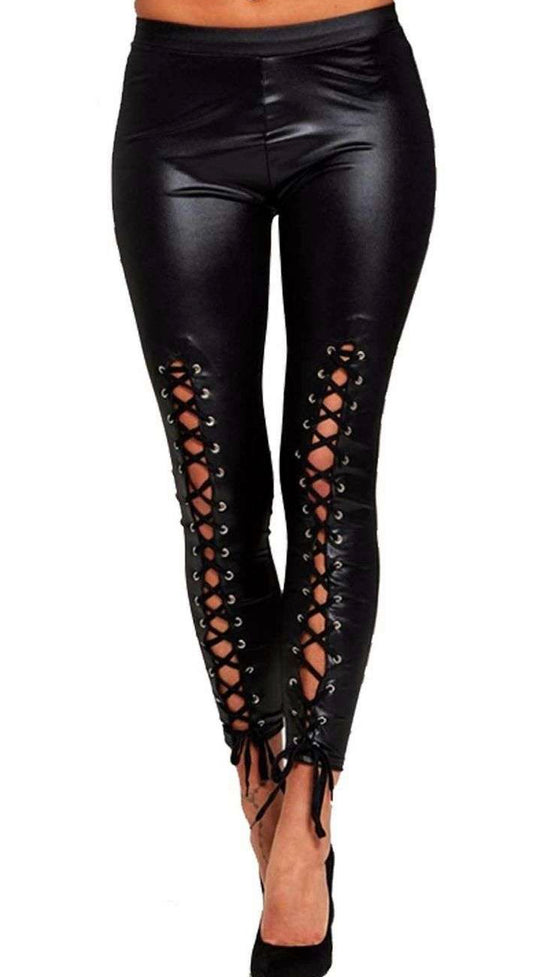 HIGH WAISTED LACE UP FRONT PVC WET LOOK LEGGINGS