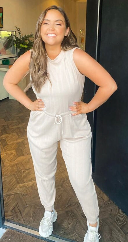 STONE RIBBED HIGH NECK JUMPSUIT
