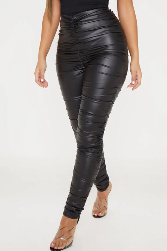 BLACK RUCHED LEATHER LOOK LEGGINGS
