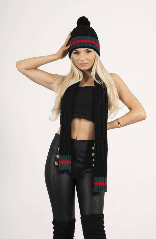 BLACK STRIPE KNITTED SCARF AND BEANIE HAT