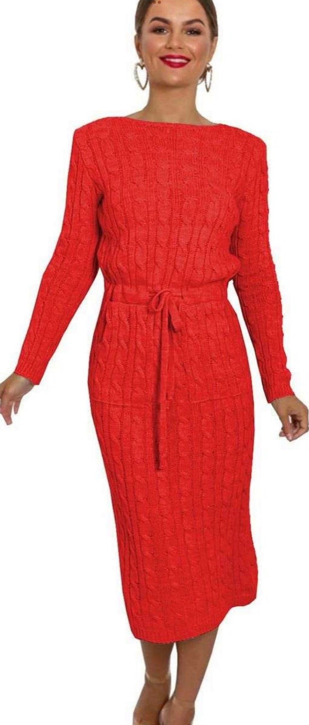 RED CABLE KNITTED POCKET TIE UP MIDI PARTY DRESS