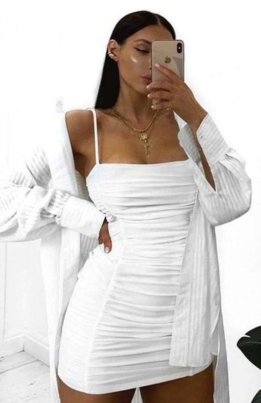 WHITE RUCHED DOUBLE LAYER SLINKY CAMI DRESS