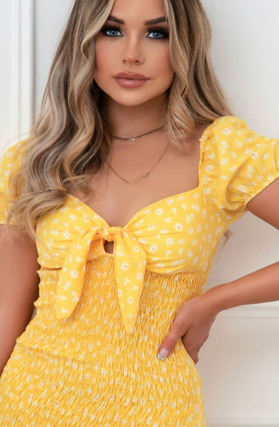 YELLOW DITSY FLORAL KNOT FRONT SHIRRED DRESS